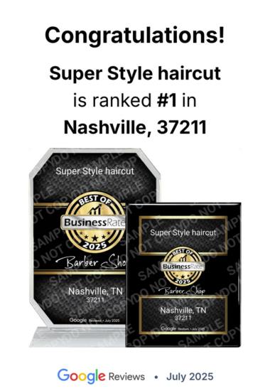 BusinessRate award graphic showing Super Style Haircut ranked number one barber shop in Nashville 37211