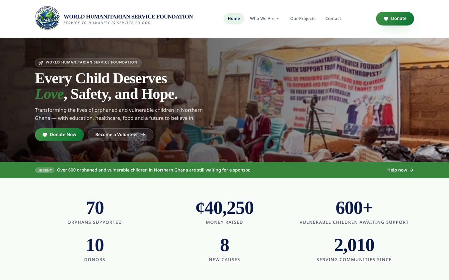 World Humanitarian Service Foundation website screenshot